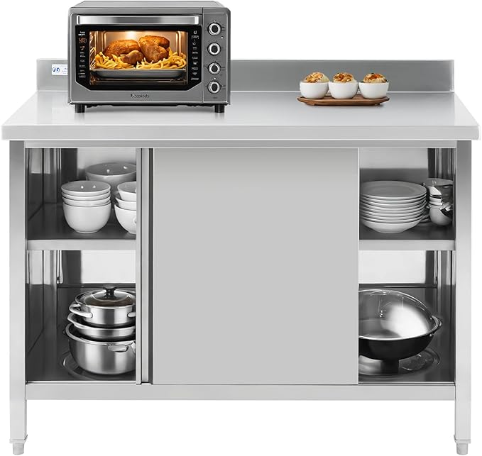 Hally Stainless Steel Cabinet, 30" x 60" NSF Commercial Heavy Duty Prep Workbench with Backsplash and Two Sliding Doors, Large Storage Cabinet, Metal Table for Kitchen, Restaurant, Garage