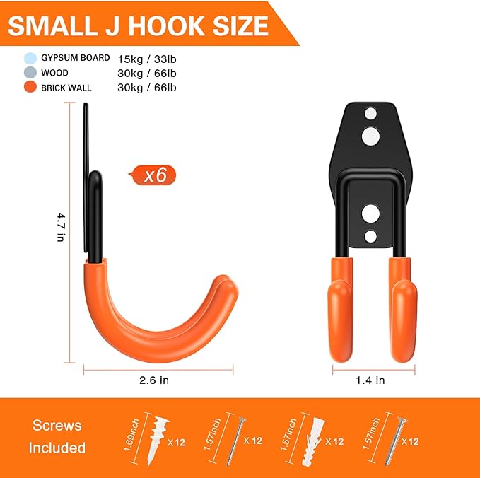 HUPBIPY Heavy Duty Garage Hooks 6 Pack, J Shaped Hanger, Wall Mounted Storage System, Power and Garden Tool Organizer, for Hanging Ladders, Bikes Tires, Hose, Bulk Items