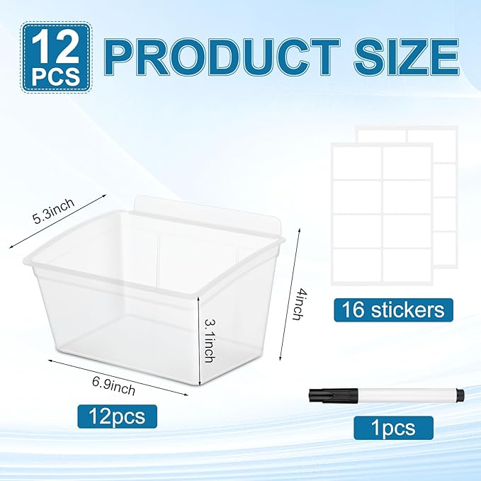 Mifoci 12 Pcs Storage Bins for PVC Slatwall Plastic Bin with Stickers Pens Slatwall Accessories for Organizing Hardware Craft Storage Tool Organizer Garage Craft Room Tool Shed(Clear)