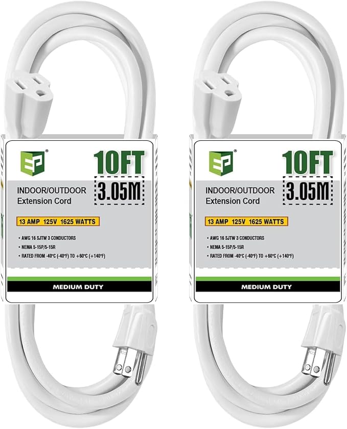 EP 2 Pack 10 Ft Outdoor Extension Cord - 16/3 SJTW White Electrical Cable with 3 Prong Grounded Plug