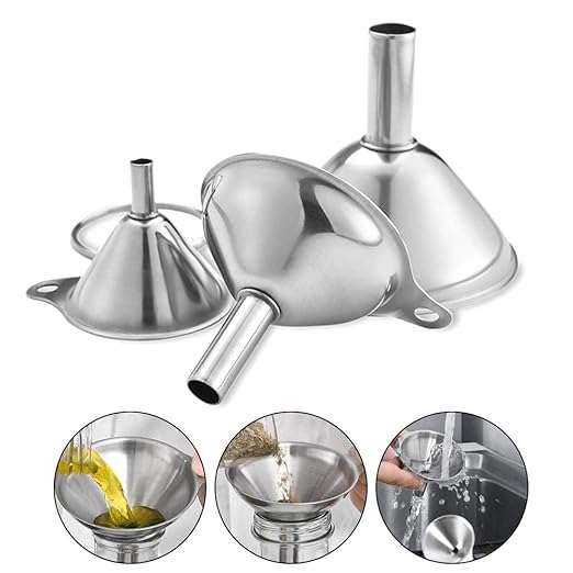 3 in 1 Metal Funnels for Filling Bottles Stainless Steel Small Kitchen Funnel Set for Transferring Essential Oils Liquid Fluid Spice Dry Ingredients Powder, Durable (‎Short-Handled Funnel)