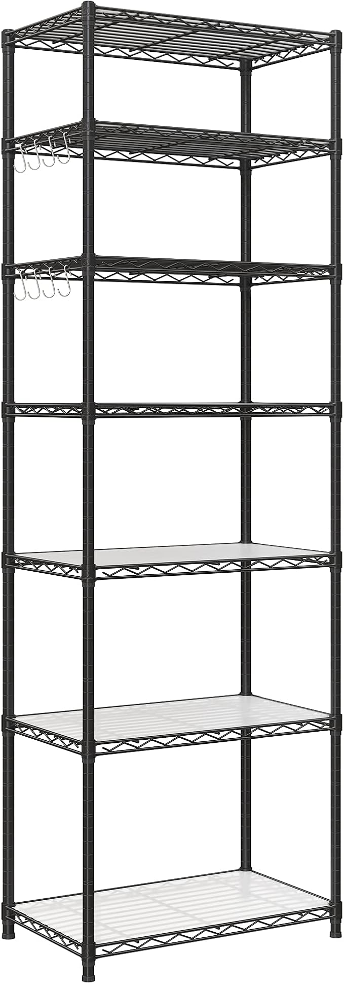 SONGMICS 7-Tier Storage Shelves, Wire Shelving Unit, Kitchen Metal Shelves, Storage Rack with Adjustable Shelves, Shelf Liners, 8 Hooks, for Garage, 13.4 x 23.2 x 70.9 Inches, Black ULGR067B01