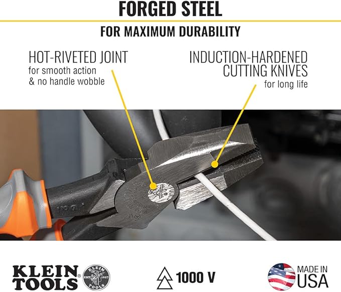 Klein Tools 2139NERINS 1000V Insulated Side Cutter Pliers, Made in USA, High Leverage Design, Induction Hardened Knives, 9-Inch