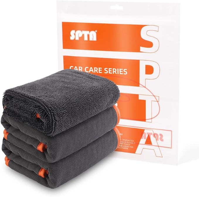SPTA Microfiber Car Drying Towels, Cleaning Cloth Towels, Twist Pile Rapid Drying Orange Edge Car Microfiber Towels for Car Detailing, Pack of 3, 16.5 x 16.5 Inch, 600 GSM, Gray-MT040
