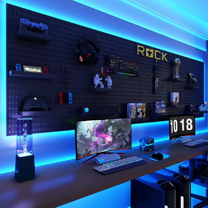 Peg Board with RGB+IC LED Strip Lights,2PCS Metal Pegboard Panels,Heavy Duty Pegboard Gaming Room Wall Organizer with Hooks,DIY RGB Gaming Setup Organizer Peg Board Wall Mounted 12 * 24”