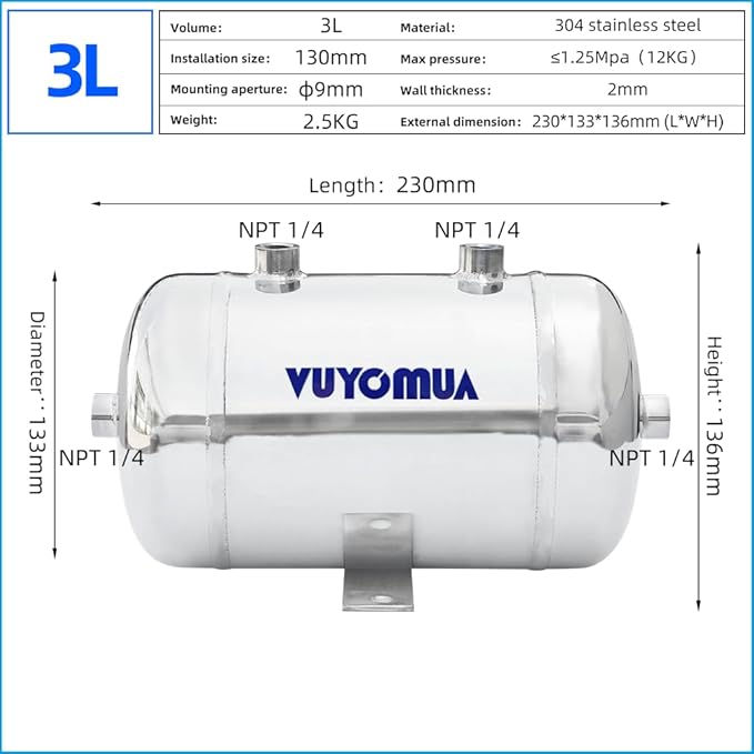 1/4" NPT Air Compressors 0.8 Gallon Stainless Steel Portable Air Compressor Max 180PSI Air Reservoir Water Storage Tank for Truck, Car, Air Horn, Inflating Tires, Air Ride