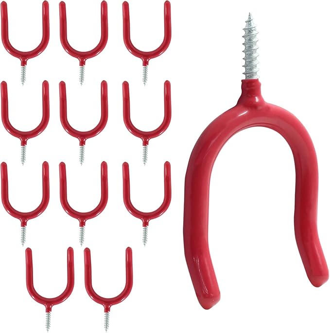 12 Pack Screw in U Hooks, Red U Shaped Shovel Holder Wall Mount, U Hook Screw for Hanging Garage, Garden, Yard Tools