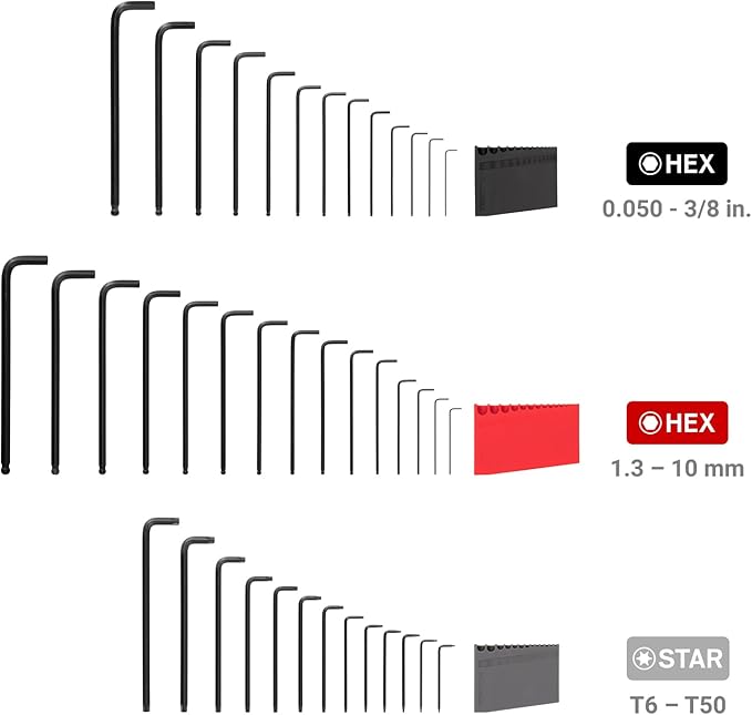 TEKTON Ball End Hex and Star L-Key Set with Holders, 41-Piece (0.050-3/8 in., 1.3-10 mm, T6-T50) | KEY91002