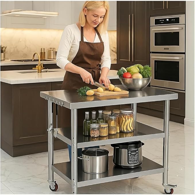 Stainless Steel Table with Wheels for Food Preparation and Work, Multi-Size Optional, Three-Layer Variable Two-Layer Metal Commercial Workbench Outdoor (24" Lx24 Wx35 H)