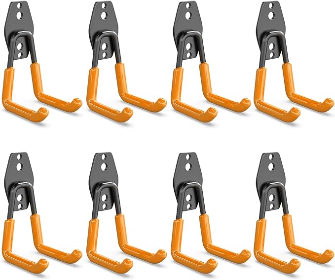 3-H Garage Wall Hooks Heavy Duty 8 Pack, Anti-Slip Steel Wall Mount Storage Hooks for Hanging Ladder Garden Yard Tools, Utility Organizer for Garage Lawn Shed(Orange)