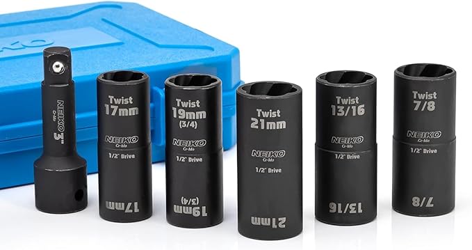 NEIKO 02340A Twist Socket Set, 6 Pc Lug Nut Extractor, SAE & Metric, 1/2 Inch Dr. Impact Flip, 6 Point, CR-Mo Steel Wheel, 3" Impact Extension Bar, Black