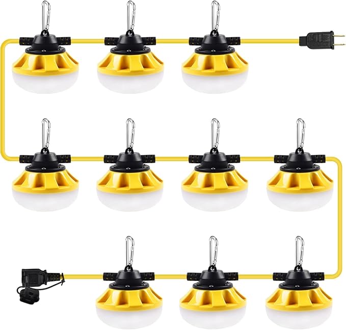 100FT LED Construction String Lights, 100W 10000LM Industrial Grade Temporary Work Lights with 10 Bulbs, Linkable 5000K Super Bright Weatherproof Lighting for Construction Site, Job Site,& Outdoor Use