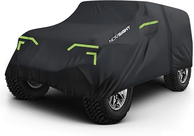 NOVSIGHT Car Cover for Jeep Wrangler 2 Door - Waterproof All Weather Outdoor Cover (2007–2025 JK JL), Windproof with Straps, 210D Oxford Fabric, Reflective Strips