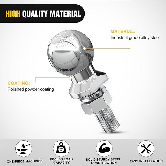 Nilight 2-Inch Diameter Chrome Trailer Hitch Ball, 3,500 lbs, 3/4 x 1-3/4-Inch Shank Universal Fit Gray