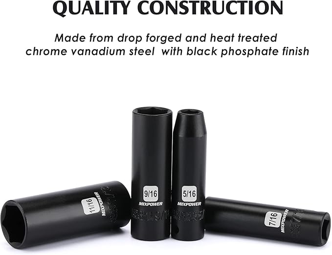 MIXPOWER 12 Pieces 3/8-Inch Drive Deep Impact Socket Set, 5/16 to 1 inch, CR-V, SAE, 6 Point, Deep, 12 Pieces 3/8" Dr. Socket