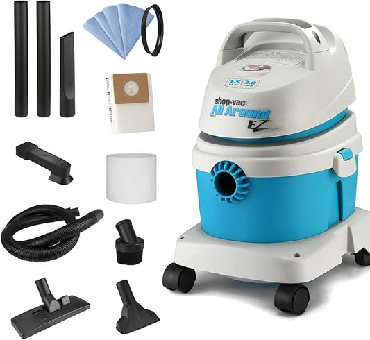 Shop-Vac 1.5 Gallon 2.0 Peak HP All Around EZ Wet/Dry Vacuum, Portable Compact Shop Vacuum, 3 in 1 Function with Wall Bracket & Multifunctional Attachments for Home, Apartment, Vehicles, 5895100