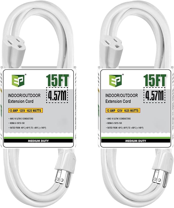 EP 2 Pack 15 Ft Outdoor Extension Cord - 16/3 SJTW White Electrical Cable with 3 Prong Grounded Plug