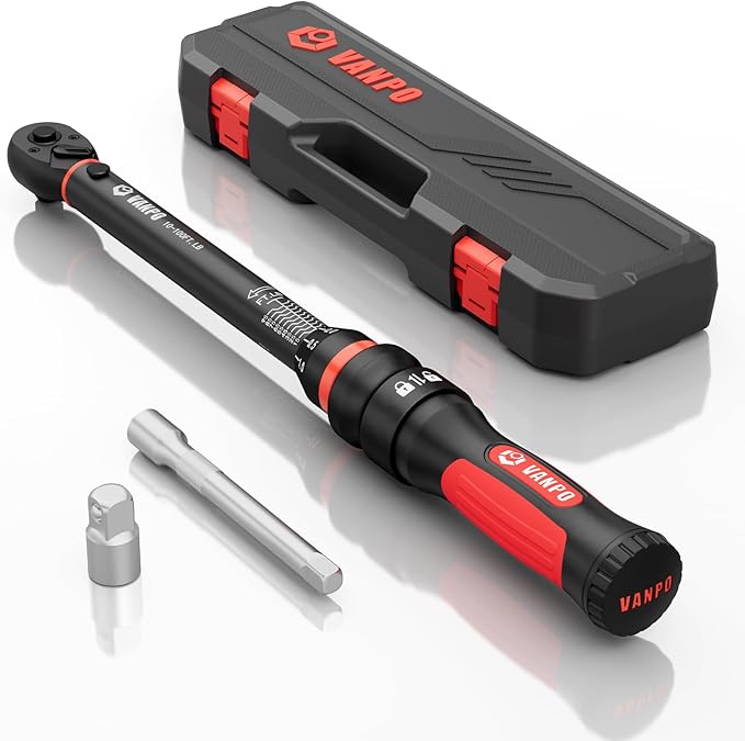 VANPO Torque Wrench 3/8-Inch Drive 10-100 Ft-Lb/13.6-135.5Nm Click Type for Motorcycle, Car & Small Machinery Maintenance - TPR+ABS Handle, ±3% Precision, 72-Tooth Ratchet,with Portable Case