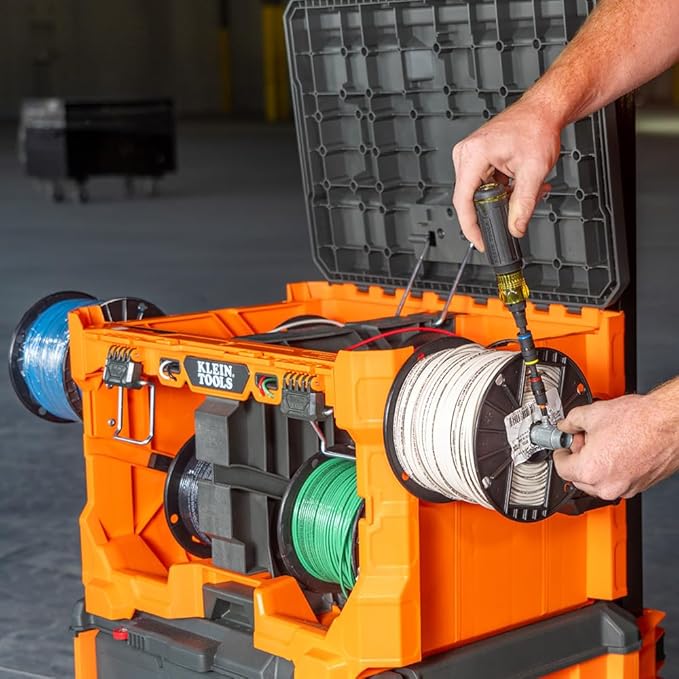 Klein Tools 54825MB MODbox Wire Spool Dispenser, Conduit and Wire Puller, Holds (4) 500-Foot Spools, 120-Pound Capacity, Compatible with MODbox Components