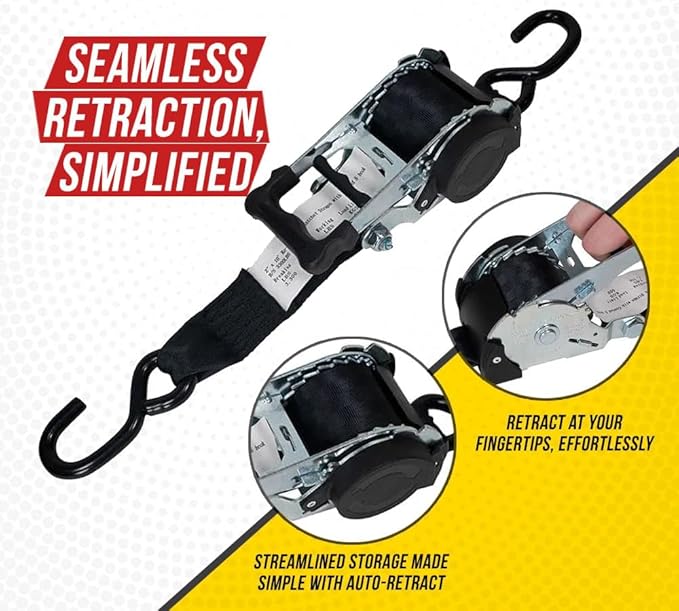 Mytee Products (8 Pack) 2" x 10' Auto Retractable Ratchet Straps with Coated S Hook