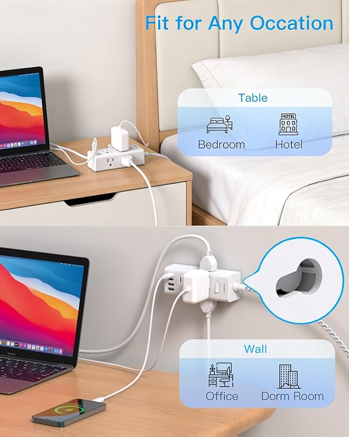 Flat Plug Extension Cord 5Ft, One Beat 5 Feet Surge Protector Power Strip with 6 Widely Outlets 4 USB Ports (2 USB C), 3 Way Wall Outlet Extender Extension Cord for Home Office College Dorm Room