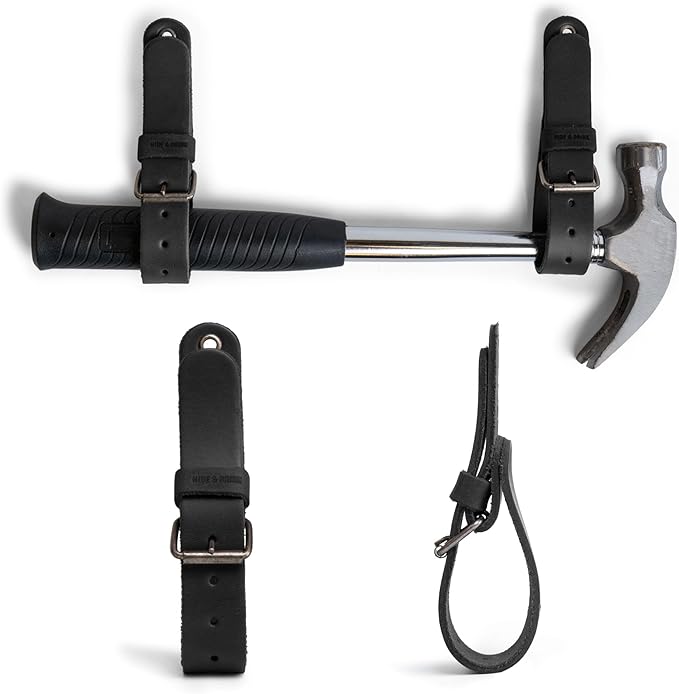 Leather Wall Hanging Straps, Set of 2, Buckle Closure for Axes, Hatchets & Tools, Heavy Duty Tool Hangers, Garage Storage Organization, Axe Mount Holders, Organizer Hooks