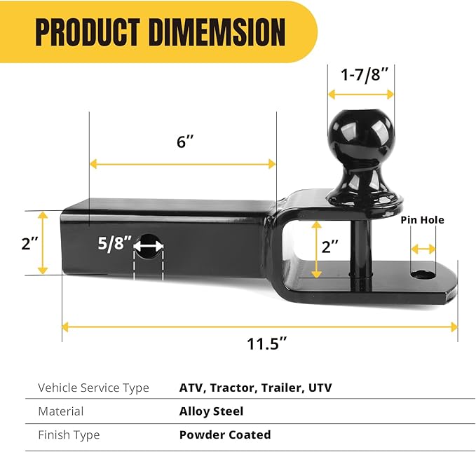 MaxxHaul 50595 3-in-1 ATV UTV Trailer Hitch Mount with Hitch Ball and Winch Strap Loop 1-7/8" Ball, 2" Shank, 1/4" Rise Fits 2" Receiver, 2000 lbs Capacity