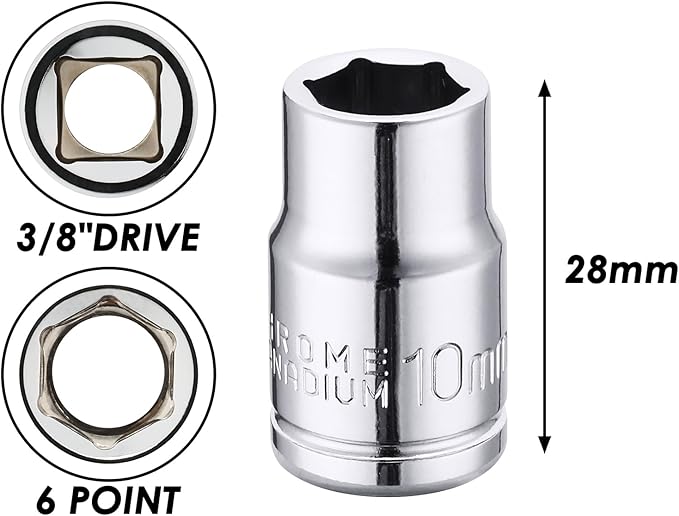 MIXPOWER 6PCS 3/8"Drive 10mm Deep&Shallow Socket, CR-V, Metric, Mirror Finish, 6 Point & 12 Point