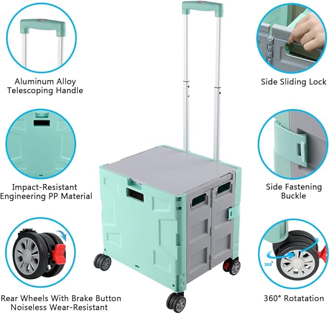 Foldable Shopping Utility Cart Portable Rolling Crate Handcart with 360°Rotate Wheel,Hidden Lid,Telescoping Handle Collapsible for Travel Shopping Moving Storage Office Use(Green/Gray)