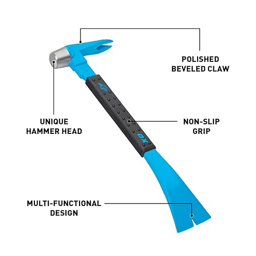 OX Tools 10" Molding Pry Bar Cats Paw Nail Puller Tool with Wide Chisel Blade - Non-Slip Grip Claw Bar with Hammer Head - for Trim and Nail Removal OX-P083110