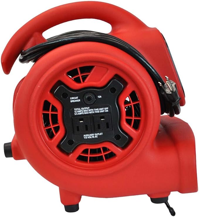 XPOWER P-230AT Mini Mighty 1/4 HP 925 CFM Centrifugal Air Mover, Carpet Dryer, Floor Fan, Blower, Stackable, Daisy Chain, for Water Damage Restoration, Janitorial, Plumbing, Home Use, Red