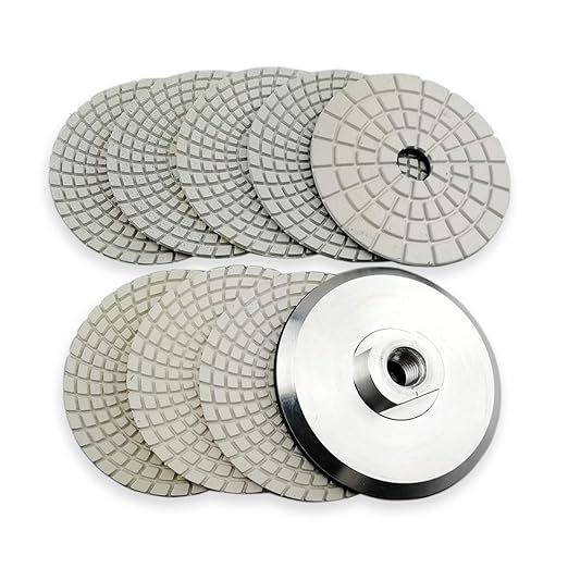 SHDIATOOL Diameter 4 - Inch/100mm Diamond Polishing Pads Wet Set of 8Pcs Plus an 5/8"-11 Aluminum Backer for Marble Granite Stone Countertop Quartz Stone Sanding Disc for Grinder, Polisher