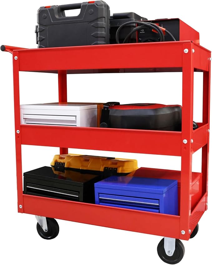 BIG RED Steel Rolling Service Tool Cart with 3 Tires , Heavy Duty Utility Cart on Wheels with Two Brake for Office，Kitchen，warehouse,400 lbs Capacity,Red