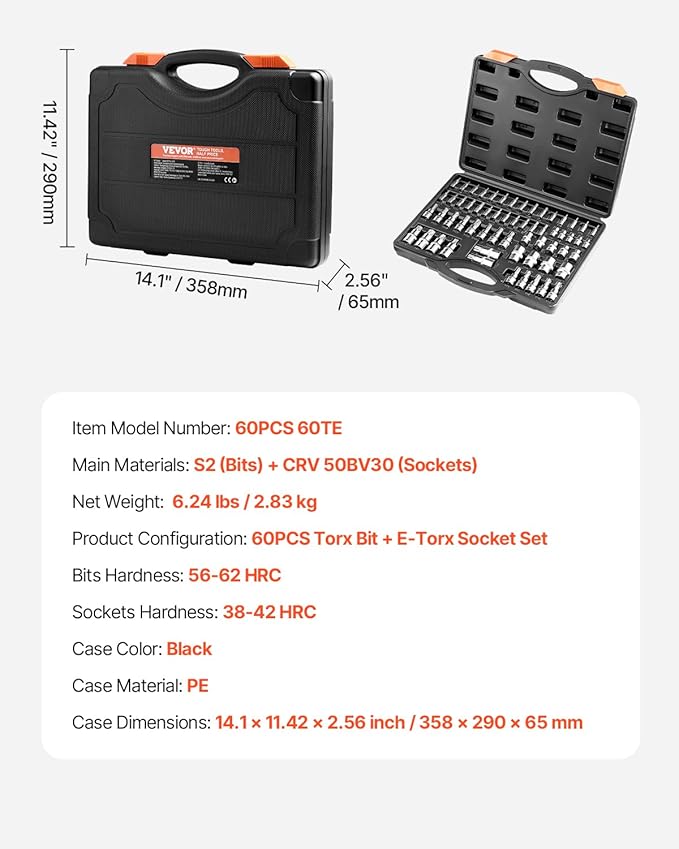 VEVOR Torx Bit Socket and External Torx Socket Set, 60-Piece T6-T70, TT6-TT70, TP8-TP60, E4-E24, S2 Alloy Steel and Cr-V Steel, 1/4 in, 3/8 in, and 1/2 in Drives, with Enhanced Storage Case, Hand Use