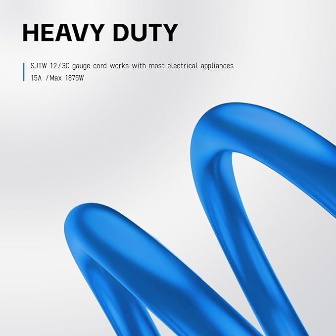 EP 15 Ft Outdoor Extension Cord, 12/3 SJTW Heavy Duty Waterproof Power Cable, 3 Prong Grounded Plug, Lighted End, for Lawn, Garden, Appliances, Blue