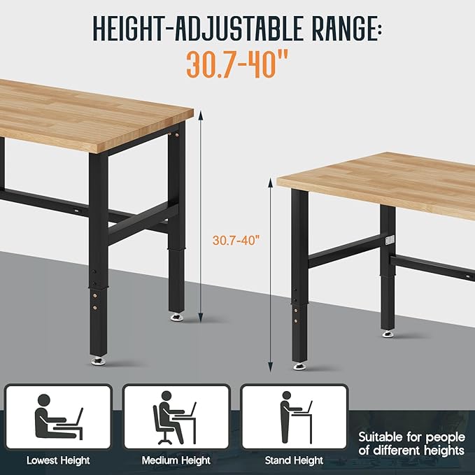 SPECRAFT 60" Folding Workbench, Adjustable Foldable Workbench with 2000 LBS Capacity, 30.7"-40" Height, Rubber Wood Top for Garage, Workshop, Office