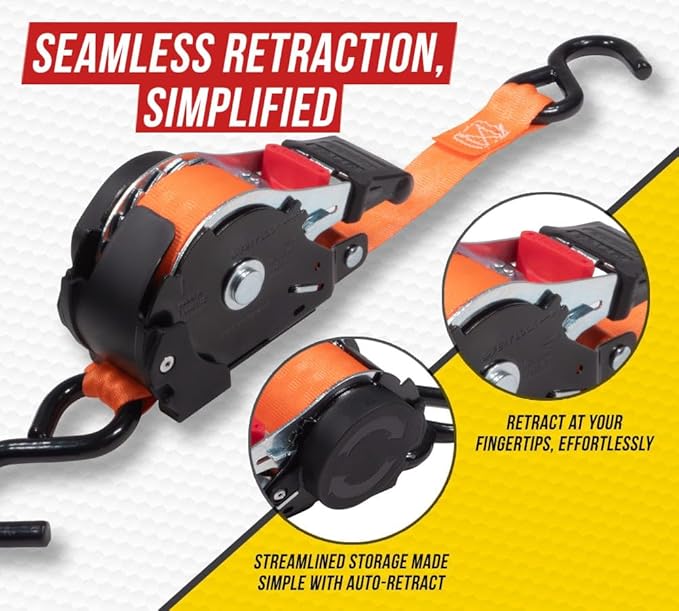 Mytee Products 8 Pack Orange Auto Retract NO-RATCHETING Ratchet Straps | 1" x 12' Retractable Ratchet Straps with Zinc Coated S Hook Tiedowns for Motorcycles, ATVs, Bikes, Trailer Tie-Down