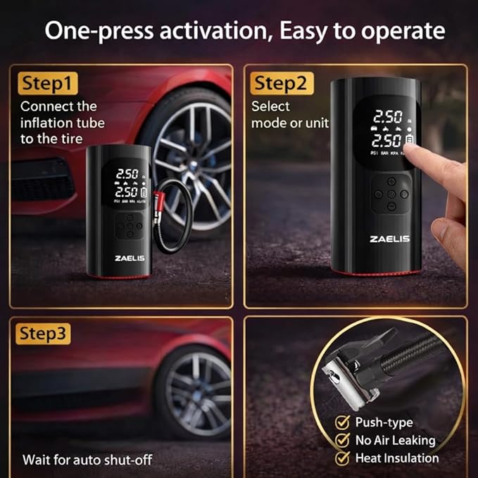 Tire Inflator Portable Air Compressor - 3X Faster 150PSI Air Pump for Car Tires, 12V DC Cordless Tire Inflator with LED Light & Digital Pressure Gauge, Electric Pump for Car, Bike, Motor, Ball