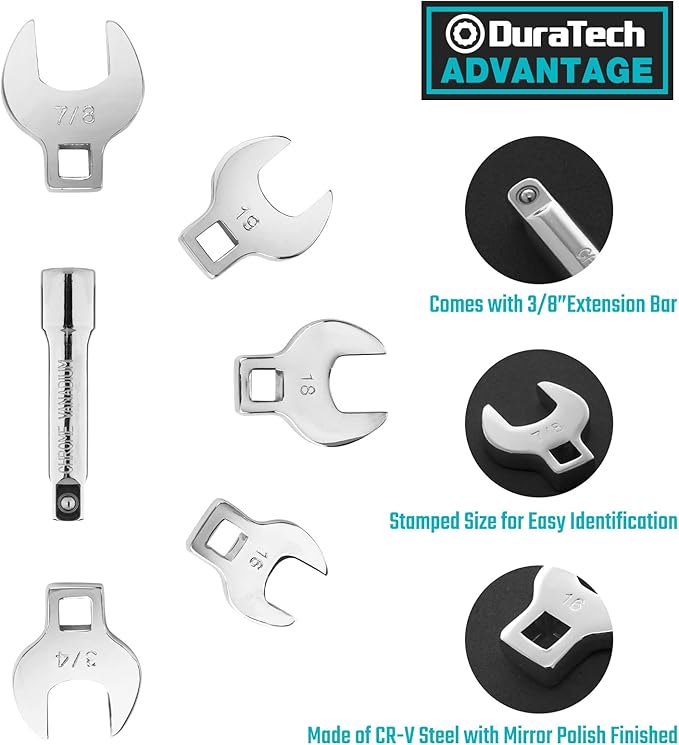 DURATECH 3/8" Drive Crowfoot Wrench Set with 2 Extension Bars, SAE & Metric, 19-Piece, 10-22mm & 3/8"-7/8", CR-V Steel, with EVA Foam Tool Organizer