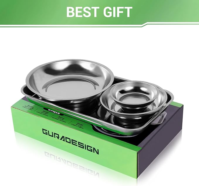 Magnetic Tray 4-Piece, Large Magnetic Parts Tray and Round Magnetic Parts Tray Set, Stainless Steel Heavy Duty 9.5" W x 5.5''L Square and 6" 4" 3"Round Tools Tray