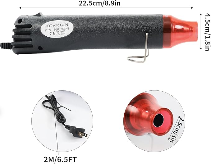 Heat Gun for Crafting, 110V 300W Handed Hot Air Gun, 3.28FT Ultra-Long Cable Portable Heat Gun with Stand and Power Cord for Shrinking Wrapping PVC, DIY Embossing and Drying Paint (Black)