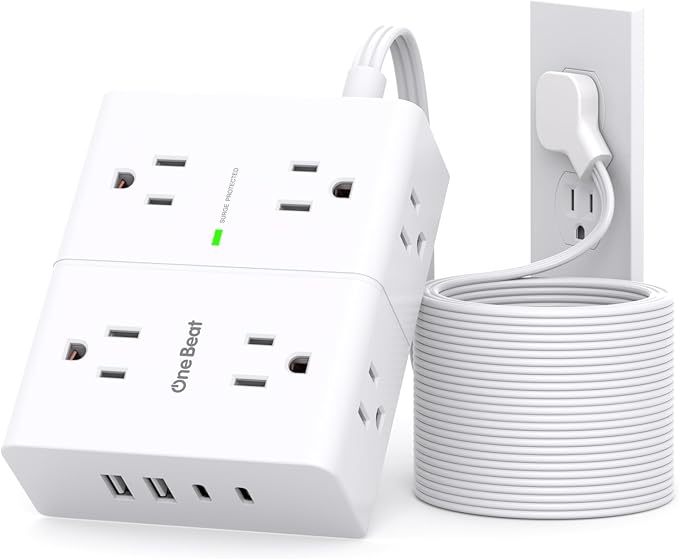 Surge Protector Power Strip 20 ft Cord, Flat Plug Extension Cord with 8 Outlets 4 USB Ports(2 USB C), 3 Side Wall Mount Outlet Extender, Long Extension Cord for Home Office Dorm Room Essentials