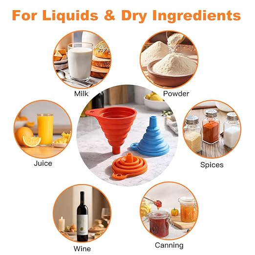 No Spill Kitchen Funnel Set, Food Grade 3 Collapsible Silicone Funnels with 1 Stainless Steel Funnel, Strainer for Hot Oil, Brush, Hook, and Storage Bag, Filling Bottles, Liquids, and Dry Ingredients