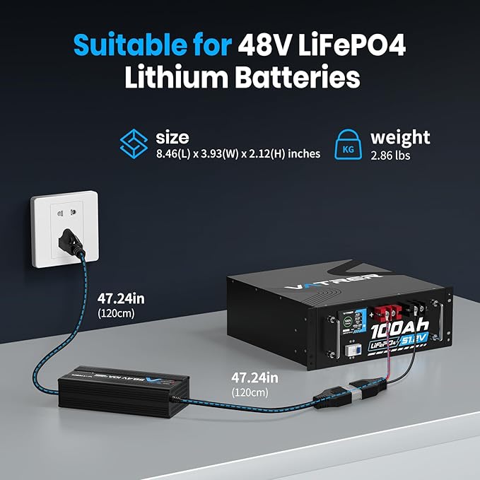 58.4V 10A AC-DC LiFePO4 Lithium Battery Charger for 51.2V 48V Rechargeable Lithium Battery, Built-in 4 Safety Protections & Cooling Fan, with Smart LED Indicator