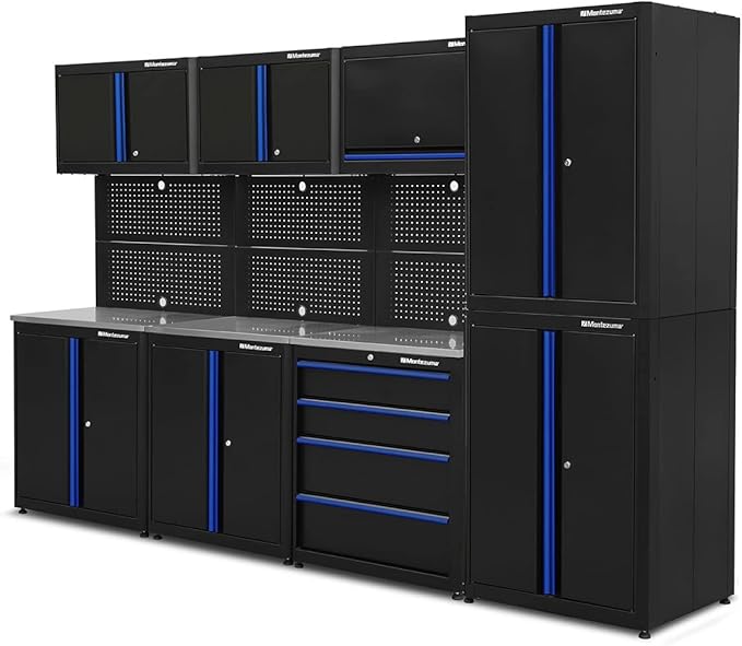 Montezuma Garage Tool Storage System - 11Piece Combo Workbench with Locking Cabinet & Stainless Steel Worktop - Pc-Bbcg