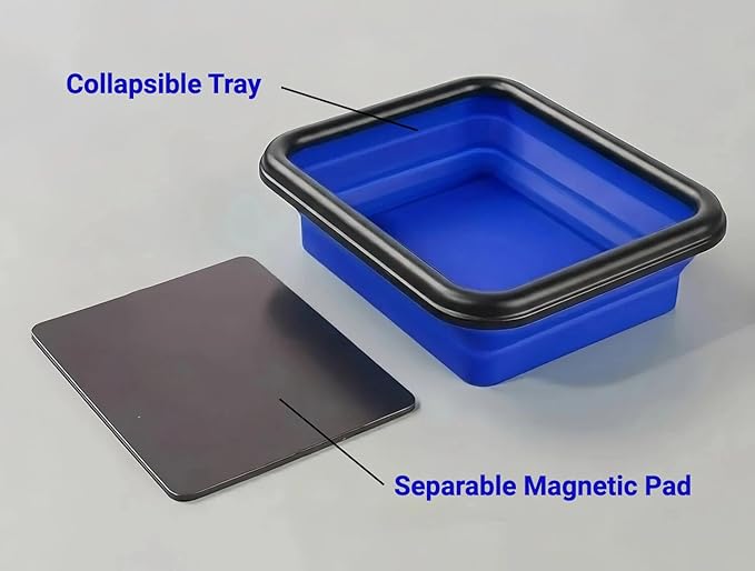 Collapsible Magnetic Parts Tray Set of 3 Different Size, Foldable Silicone Tool Trays for Screws, Bolts, Nuts and Other Small Metal Parts (Blue)