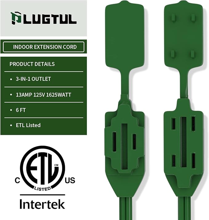 PLUGTUL Indoor Green Extension Cord 6 Feet, 3-Outlet Household Extension Cord, 2 Prong, 16 Gauge, 3 Polarized Outlets with Safety Cap Protect for Home Office, 16/2 SPT-2 ETL Listed…