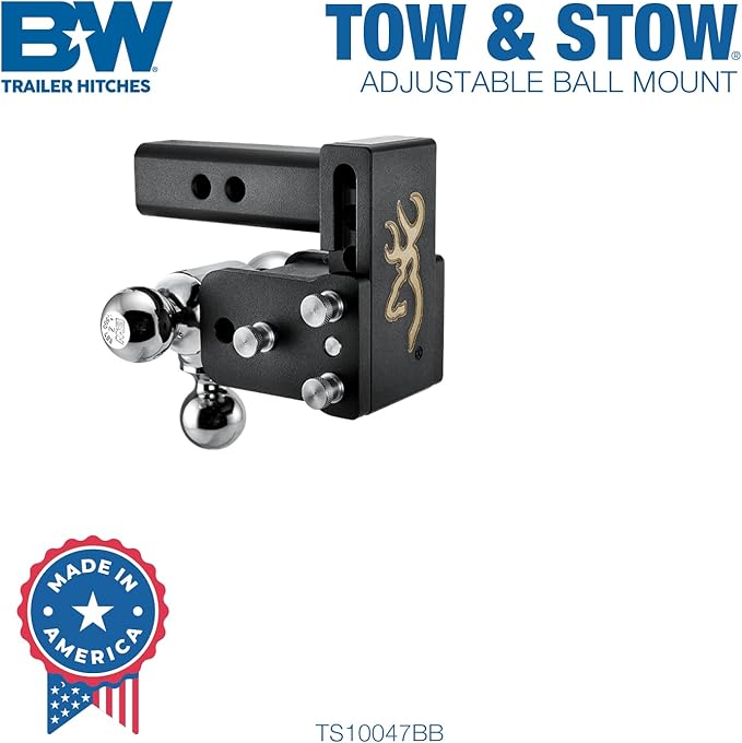 B&W Trailer Hitches Tow & Stow Adjustable Trailer Hitch Ball Mount with Browning Logo - Fits 2" Receiver, Tri-Ball (1-7/8" x 2" x 2-5/16"), 3" Drop, 10,000 GTW - TS10047BB
