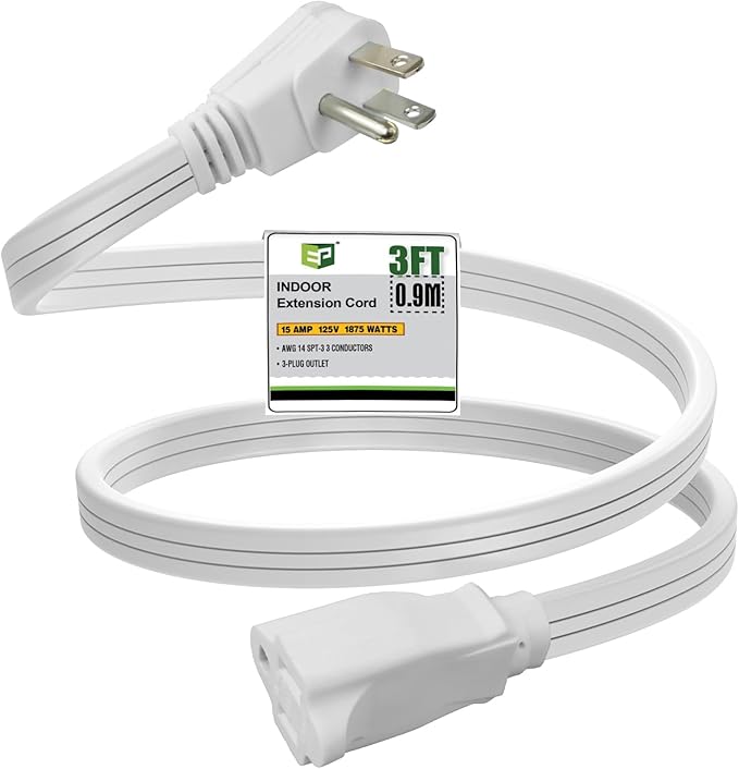 EP 3 Ft Heavy Duty Appliance Extension Cord - 14 Gauge 3 Prong SPT-3 Cable Wire, Ideal for Air Conditioners, Refrigerators, and Major Appliances - Indoor Use, White
