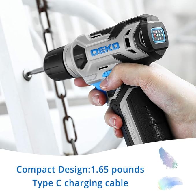 DEKOPRO 8V Cordless Drill, Drill Set with 3/8"Keyless Chuck, Built-in LED, Type-C Charge Cable, 42pcs Acessories, Power Drill for Drilling and Tightening/Loosening Screws